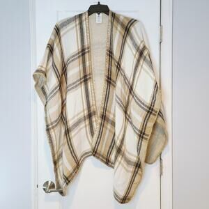 Woolrich Reversible Plaid Blanket Poncho Wrap Cream Tan One Size